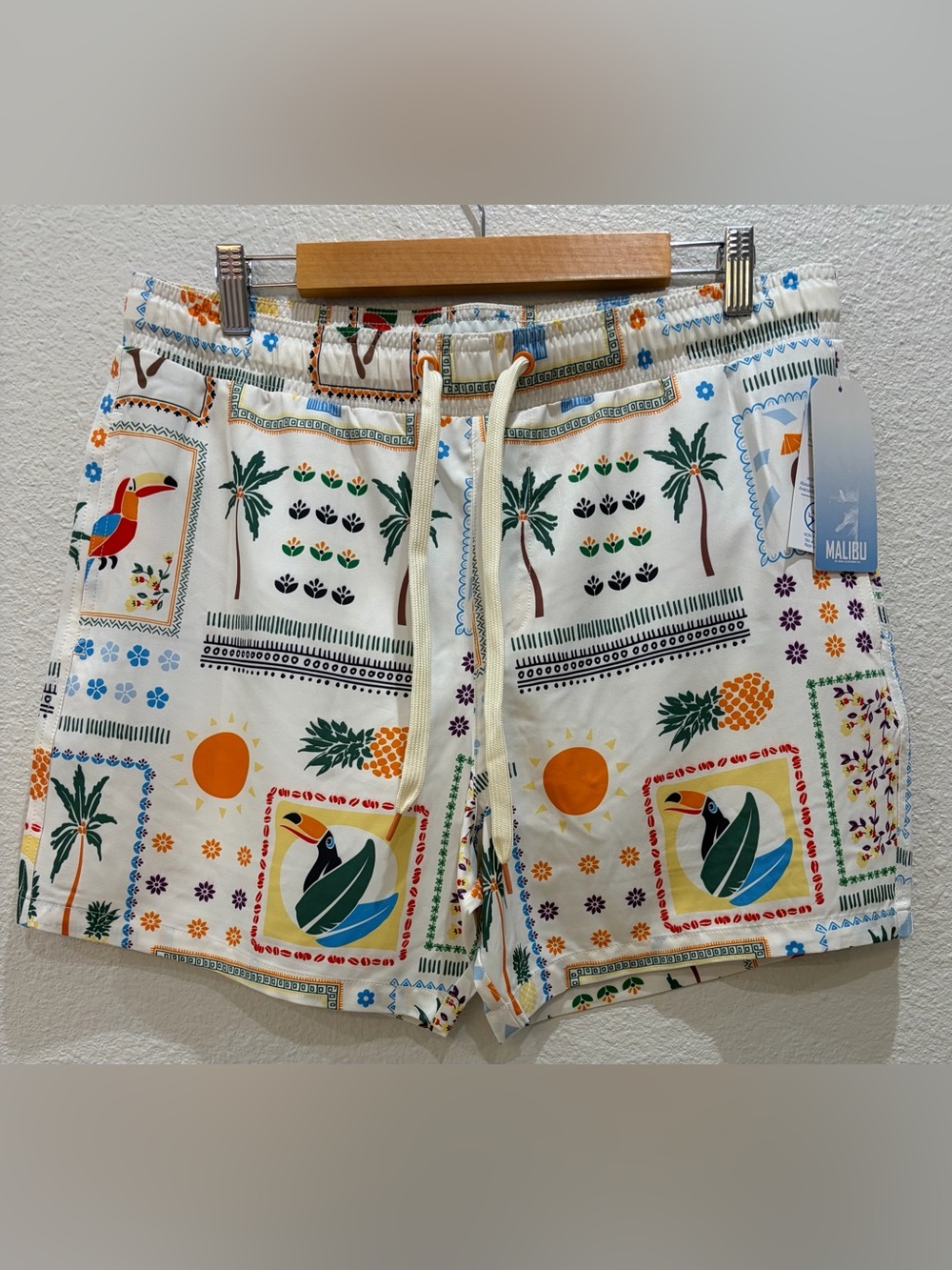 Malibu White Tropical Toucan Print Swim Board Shorts with Orange Accents